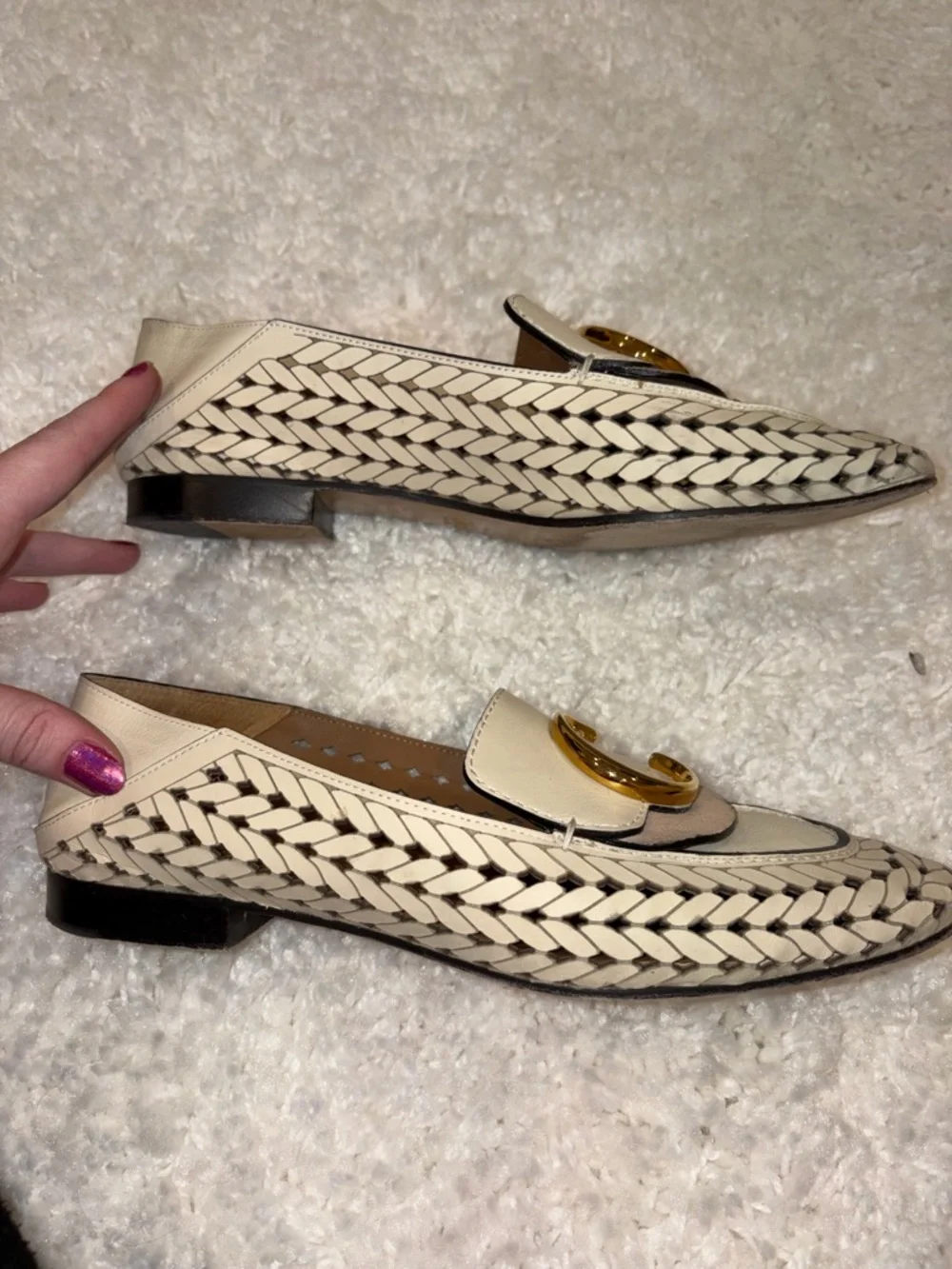 Chloe Cream and Tan Woven Leather Loafers with Gold C Accent - Picture 4 of 8